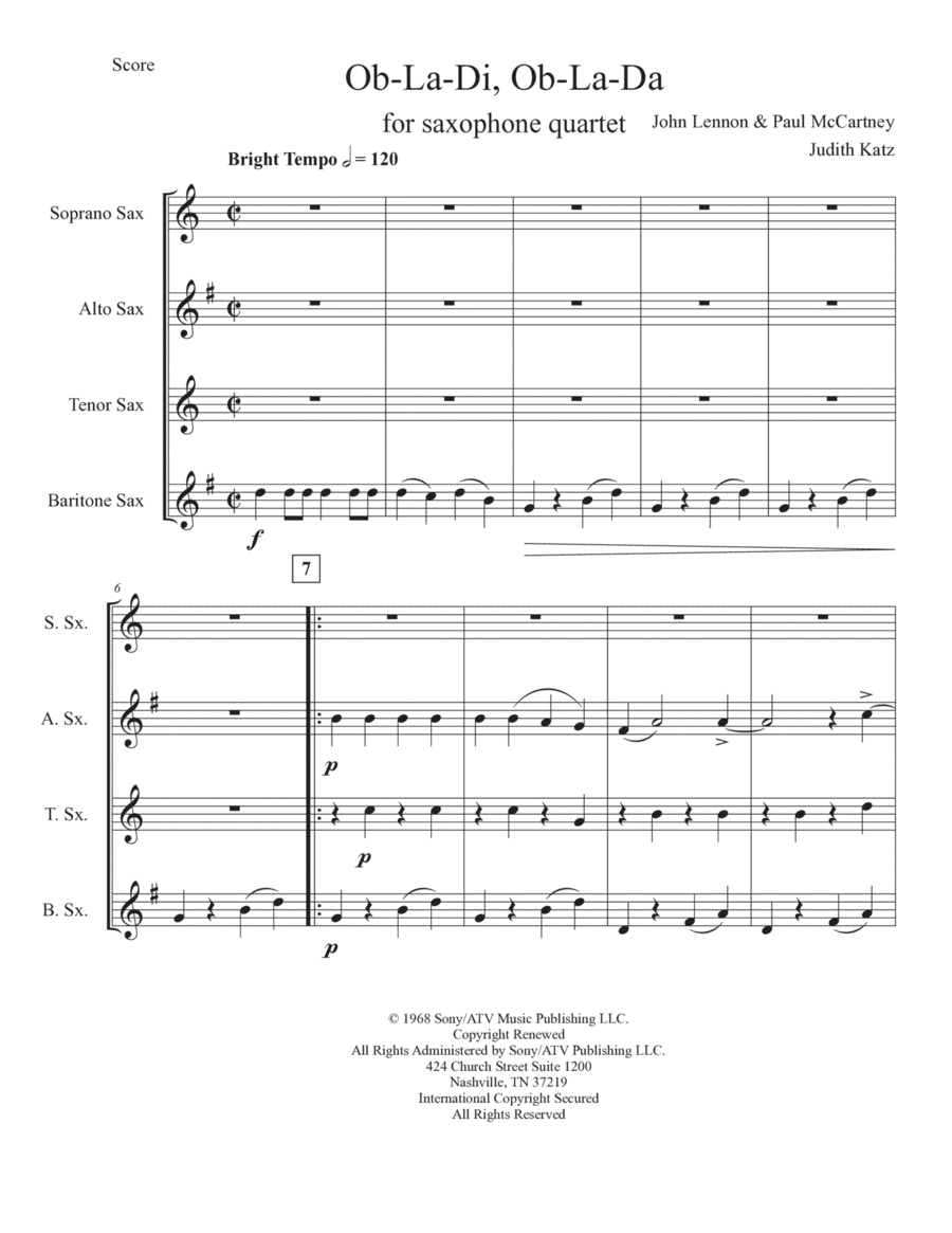 Ob-la-di, Ob-la-da Ob-la-di, Ob-la-da Saxophone Quartet scores gallery preview page 1