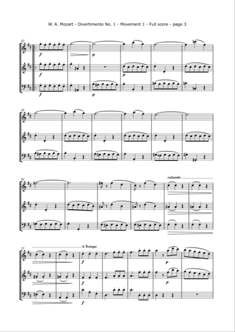 Mozart, W. - Divertimento No. 1 K. 229, Arranged for 2 Violins and Cello String Trio scores gallery preview page 4