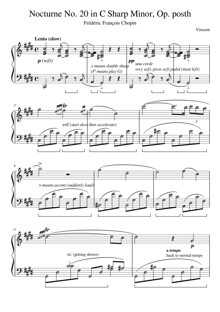 Nocturne No. 20 in C Sharp Minor (Chopin) | Grade 7 with note names & meanings of terms Piano Solo scores gallery preview page 1