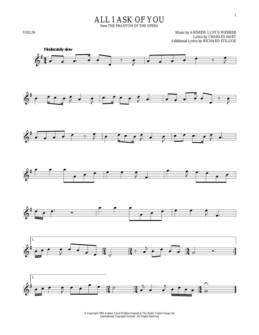 All I Ask Of You (from The Phantom Of The Opera) Violin Solo scores gallery preview page 1