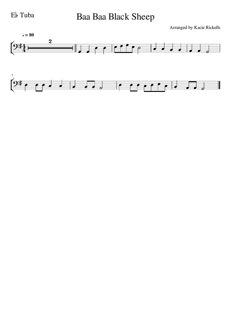 Baa Baa Black Sheep - Tuba (Bass Clef) Solo Easy Piano scores gallery preview page 2