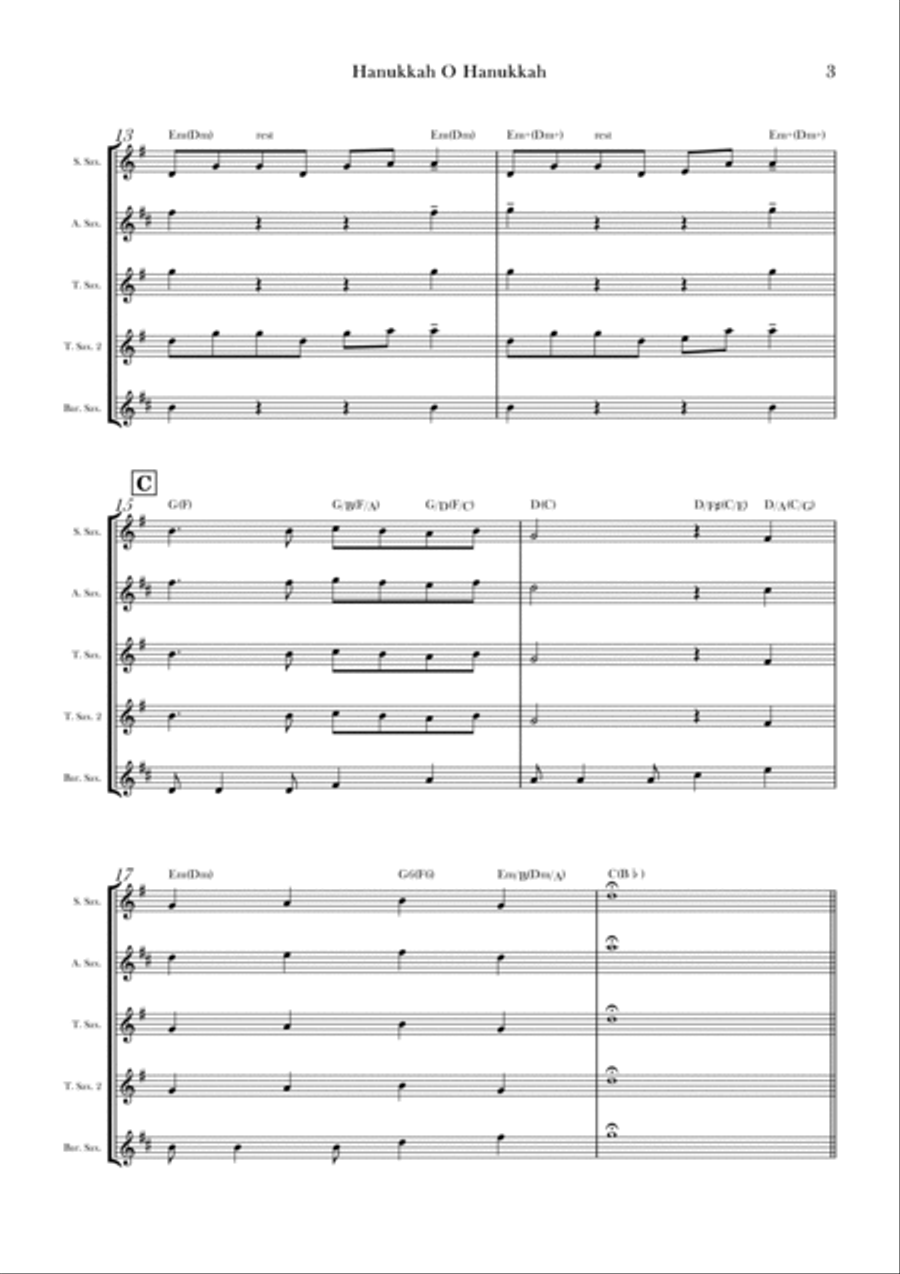 Hanukkah O Hanukkah Saxophone Quintet scores gallery preview page 3