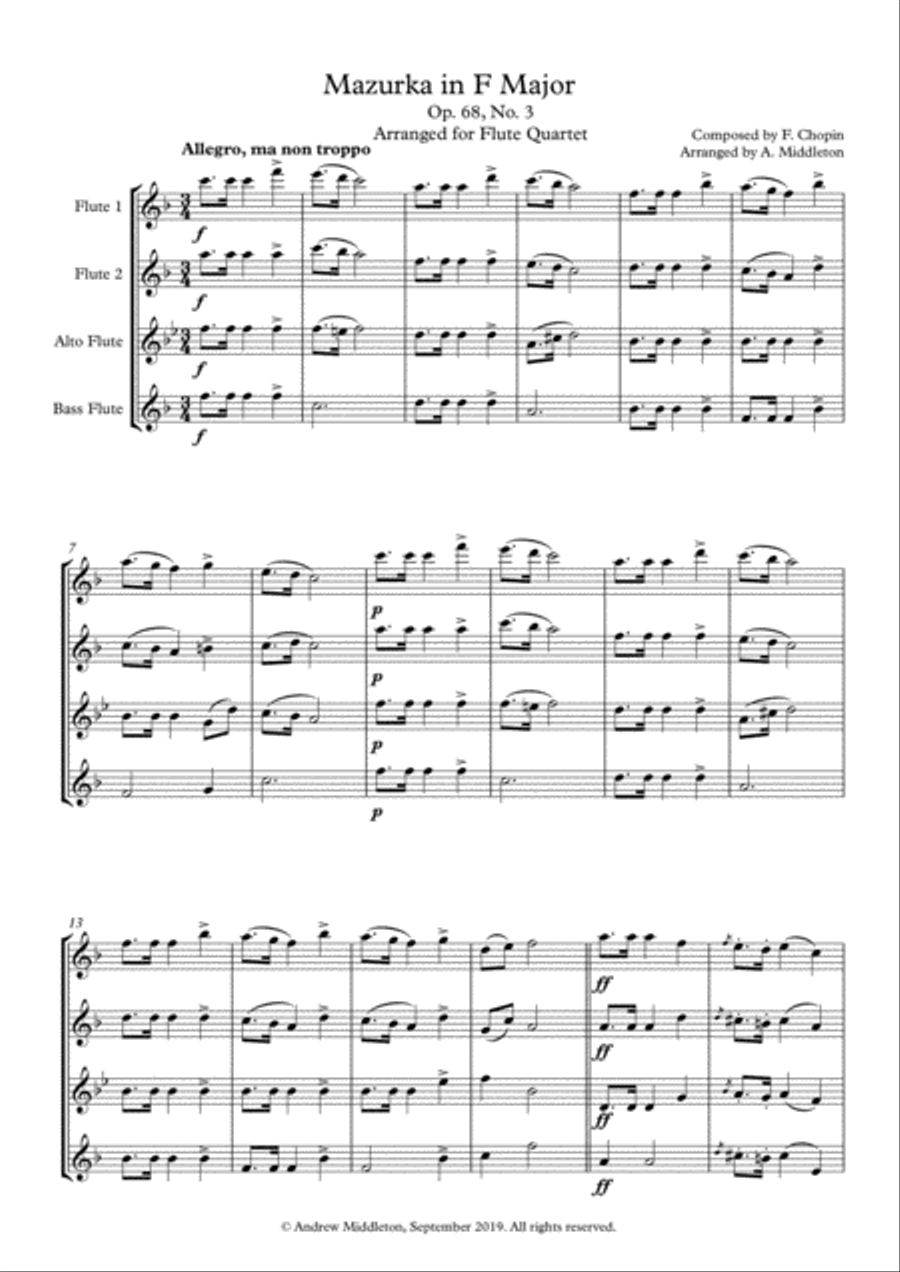Mazurka in F Major arranged for Flute Quartet Flute Quartet scores gallery preview page 3