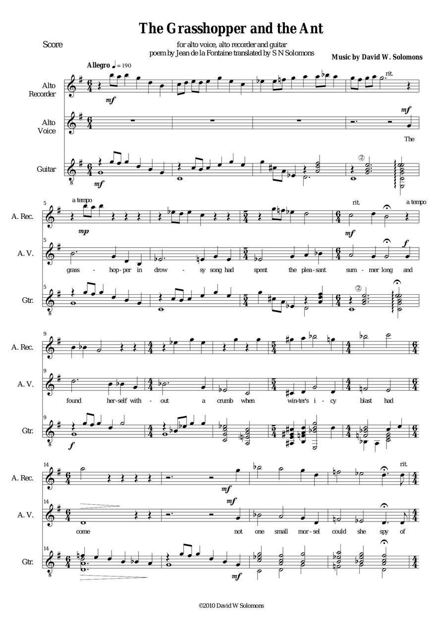 The grasshopper and the ant for alto voice, alto recorder and guitar Small Ensemble scores gallery preview page 1