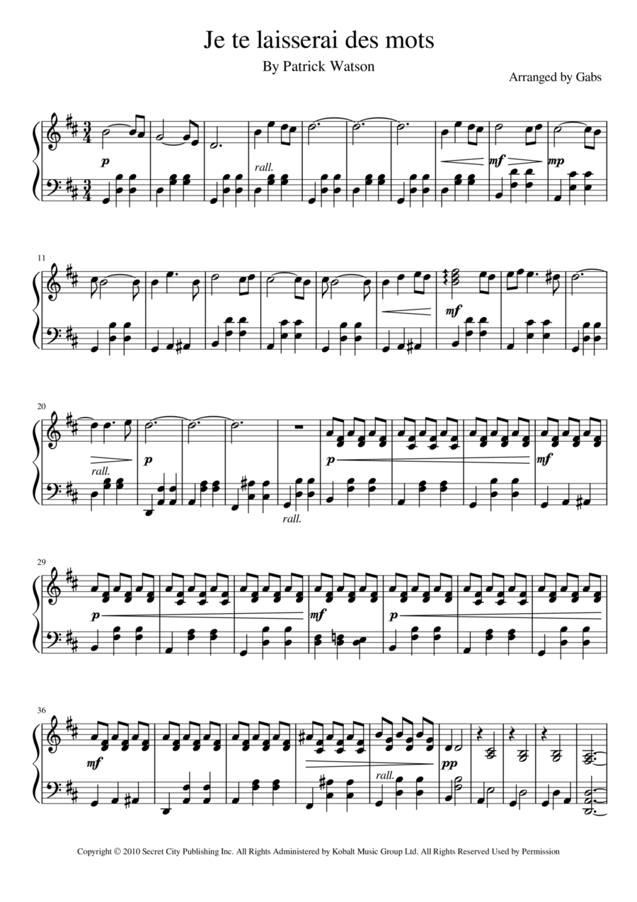 Je Te Laisserai Des Mots Piano Solo scores gallery preview page 1