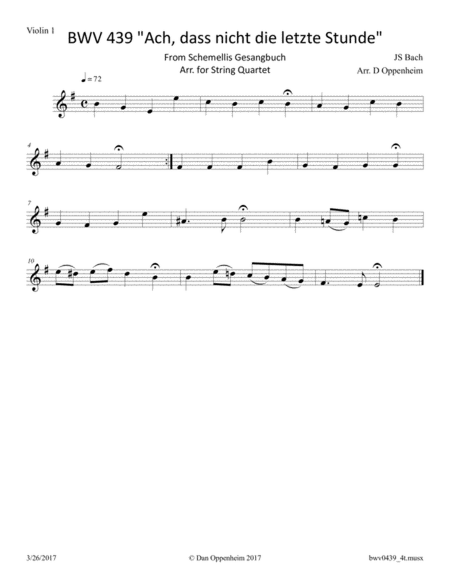 Bach: Aria "Ach, dass nicht die letzte Stunde" from Schemellis Gesangbuch BWV 439 arr. for String Qu image number null