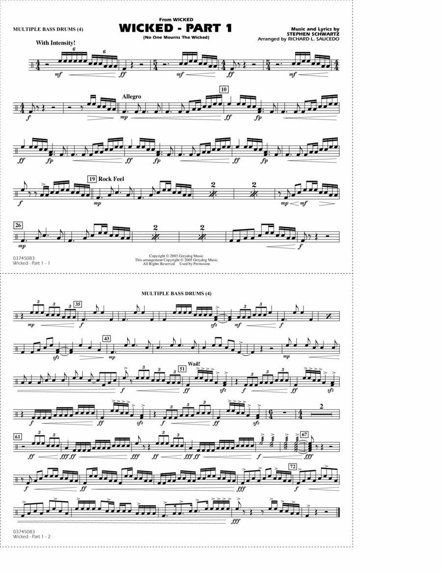 Wicked - Part 1 (arr. Richard L. Saucedo) - Multiple Bass Drums Marching Band scores gallery preview page 1