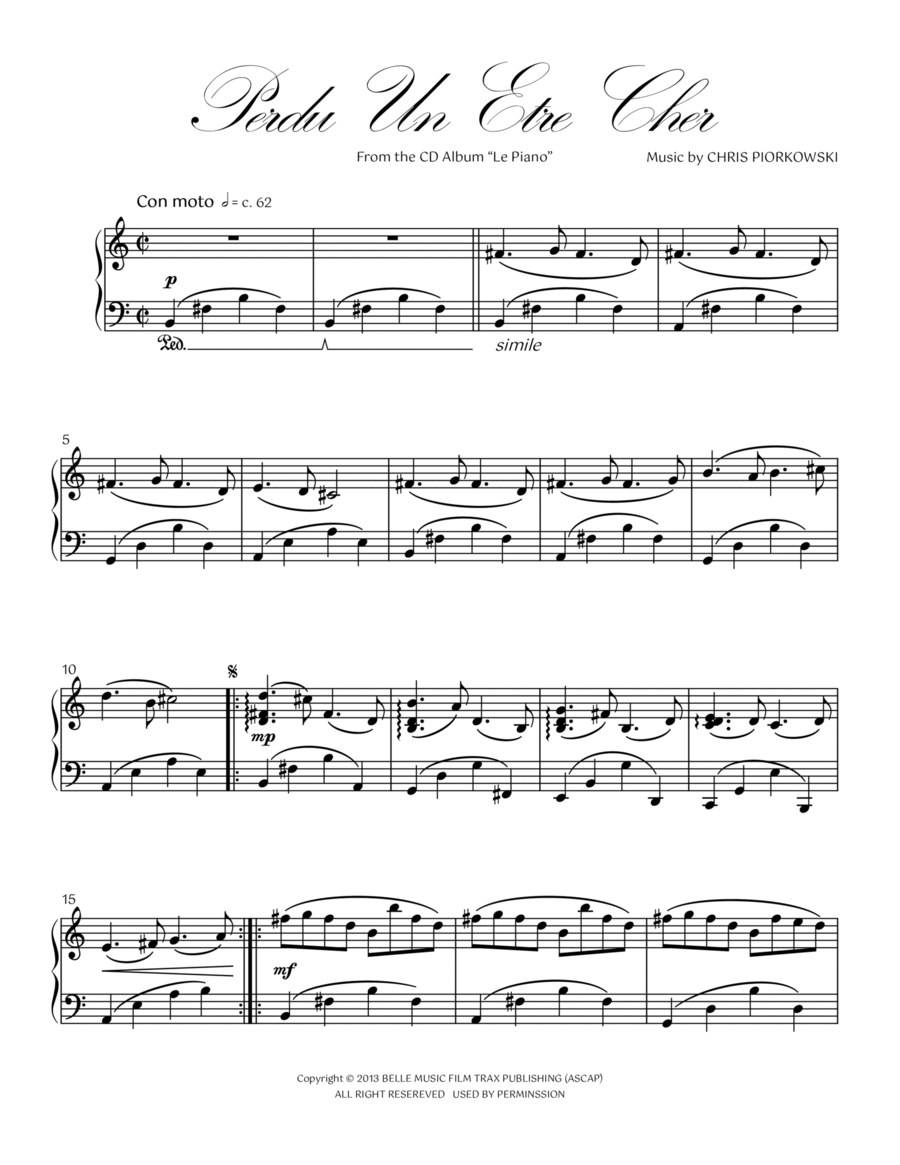 PERDU UN ETRE CHER Piano Solo scores gallery preview page 1