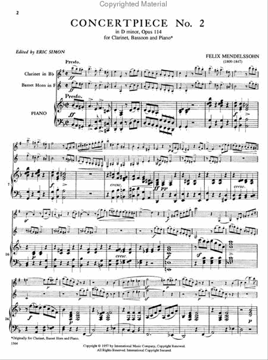 Concert Piece No. 2 in D minor, Op. 114 for Clarinet, Bassoon (or Cello) & Piano or 2 Clarinets & Piano