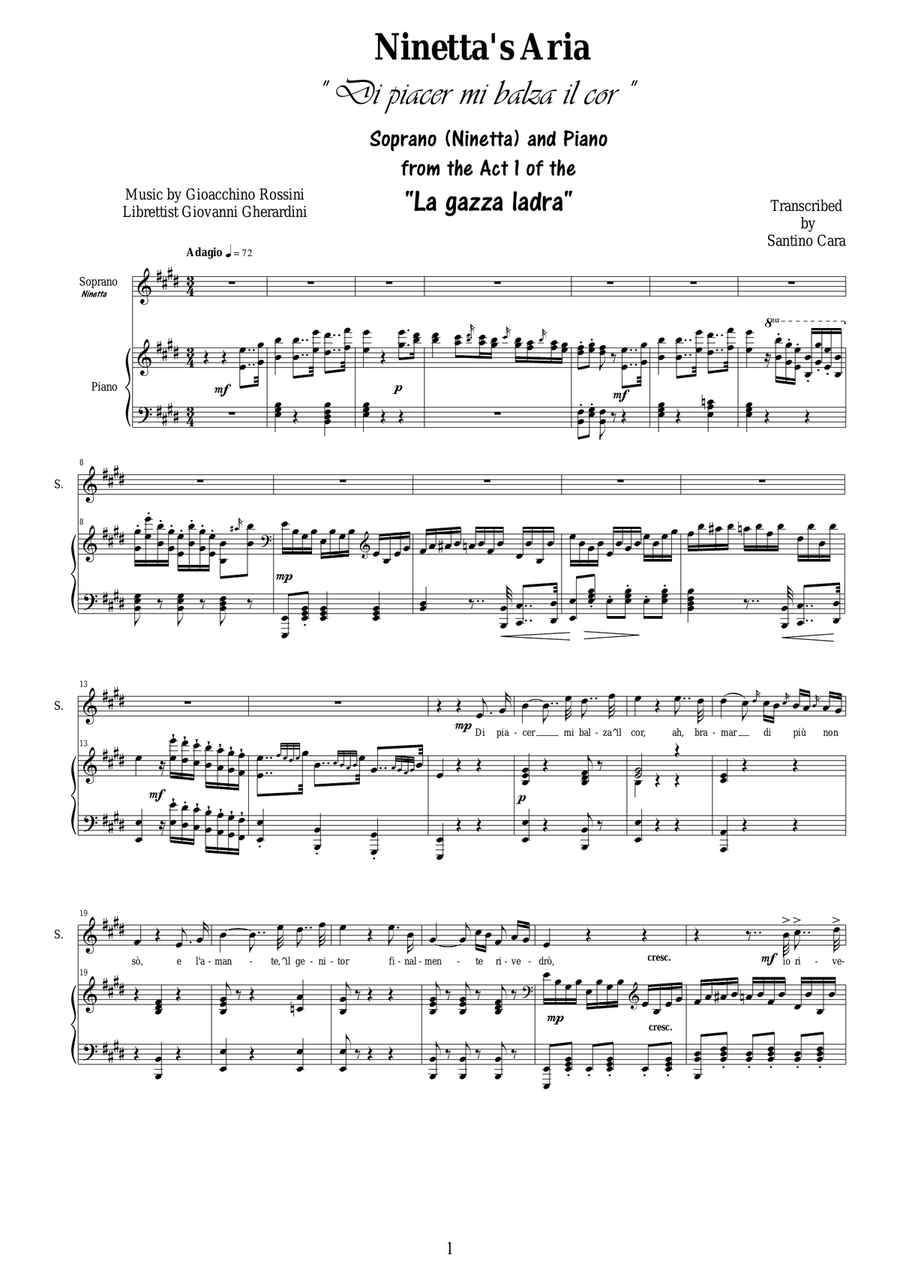 Rossini-La gazza ladra (Act 1) Di piacer mi balza il cor - Soprano and piano Rossini-La gazza ladra (Act 1) Di piacer mi balza il cor - Soprano and piano Soprano Voice scores gallery preview page 1