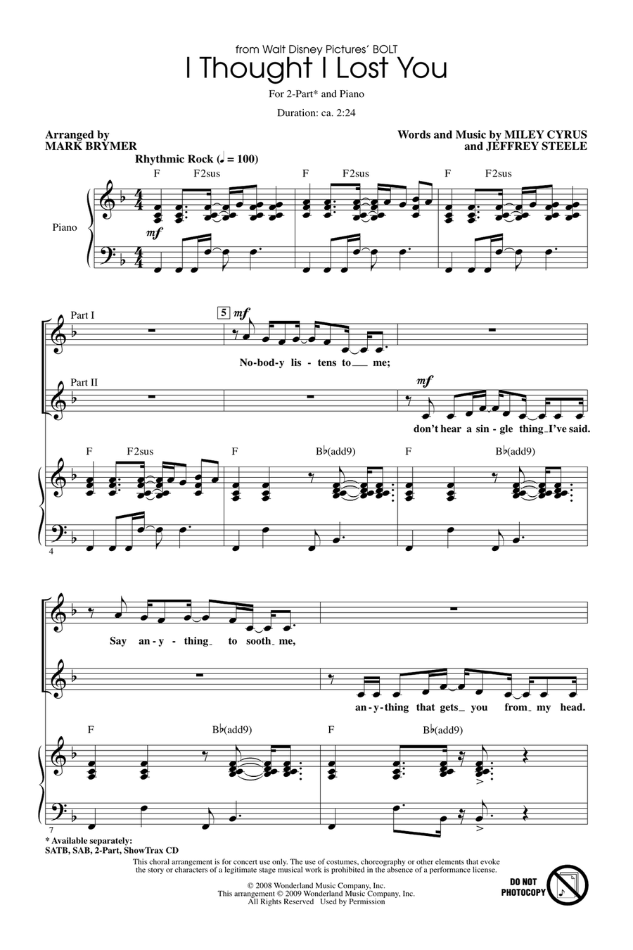 I Thought I Lost You (from Bolt) 2-Part scores gallery preview page 1