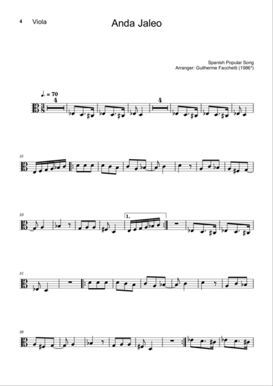 Spanish Popular Song - Anda Jaleo. Arrangement for Viola and Classical Guitar. Score and Parts image number null