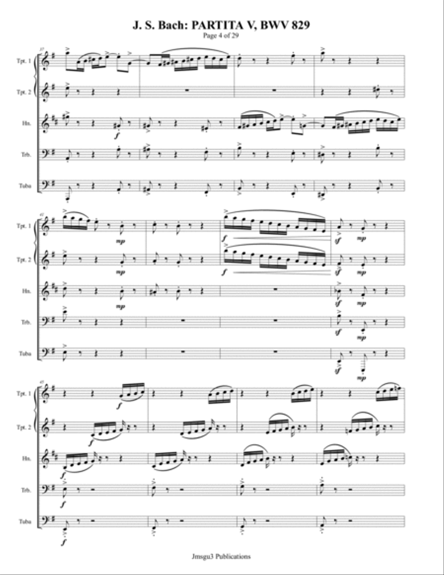 BACH: Partita No. 5 BWV 829 for Brass Quintet Brass Quintet scores gallery preview page 4