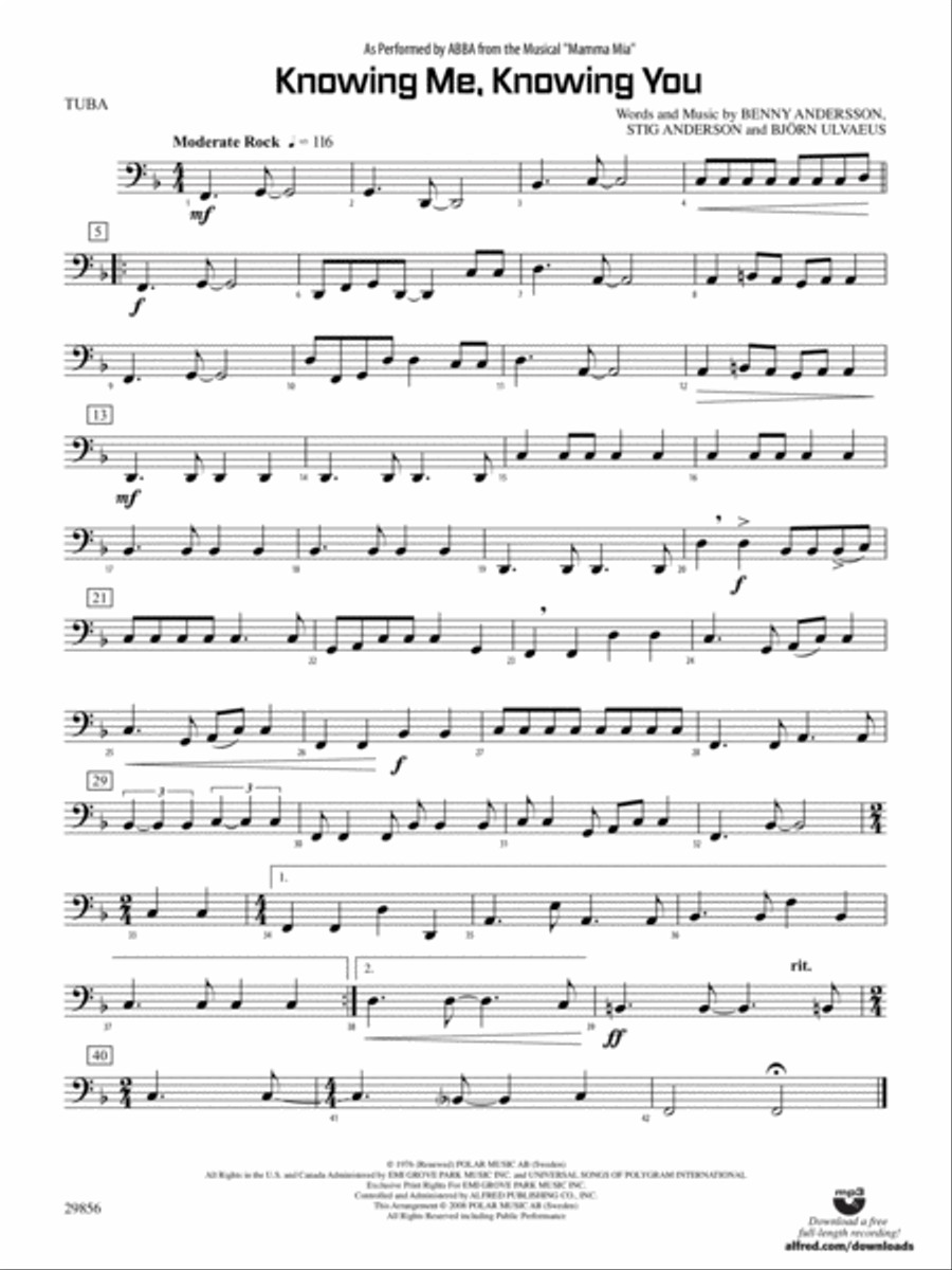Knowing Me, Knowing You (As performed by ABBA from the musical Mamma Mia): Tuba Concert Band scores gallery preview page 1