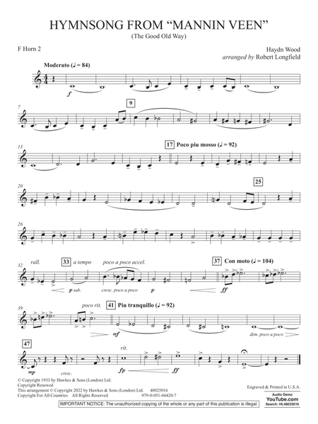 Hymnsong from "Mannin Veen" (arr. Robert Longfield) - F Horn 2