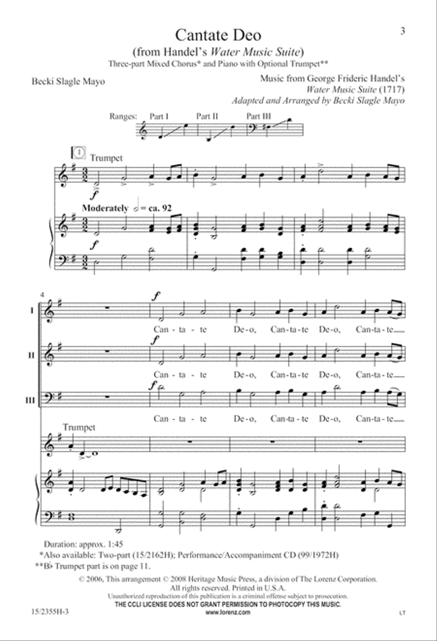 Cantate Deo (from Water Music Suite) 3-Part scores gallery preview page 4