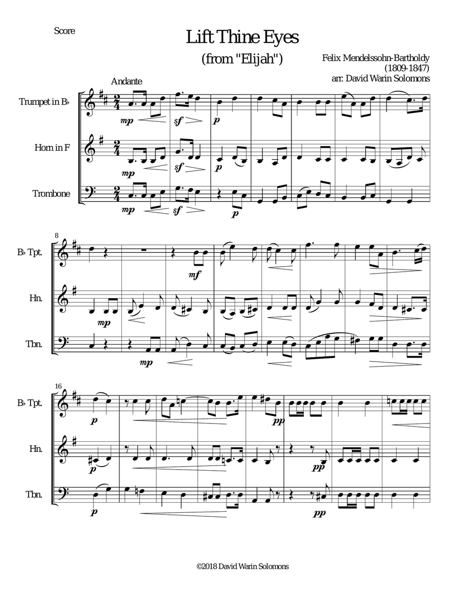 Lift thine eyes (from Elijah) for brass trio Brass Trio scores gallery preview page 1