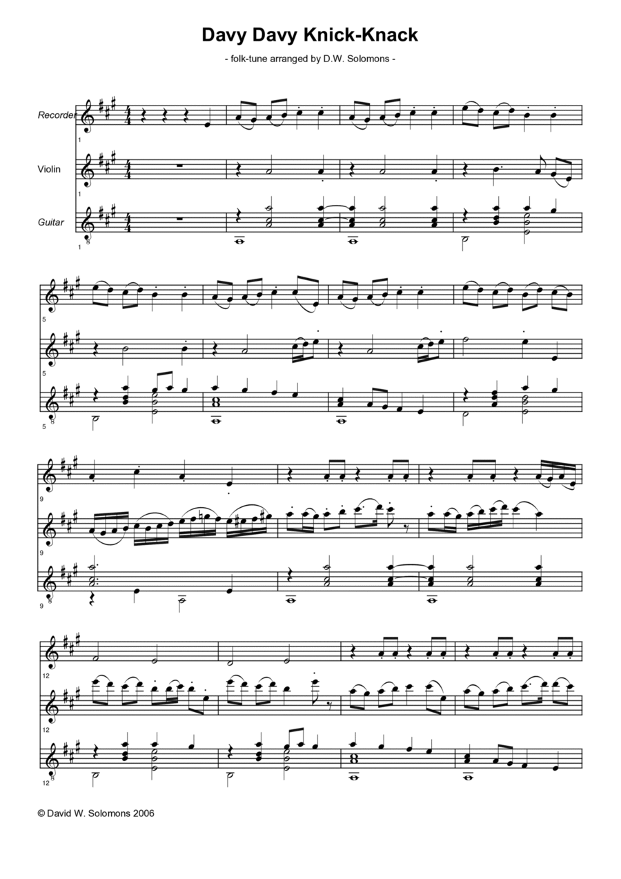 Variations on Davy Davy Knick Knack (Trio for Soprano Recorder, Violin & Guitar) Soprano Recorder scores gallery preview page 1