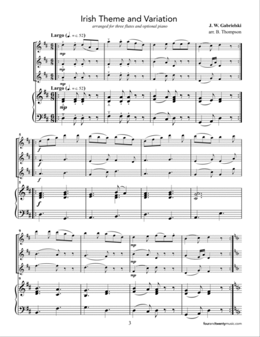 Cantilena and Irish Theme & Variation, for three flutes and optional piano Small Ensemble scores gallery preview page 3
