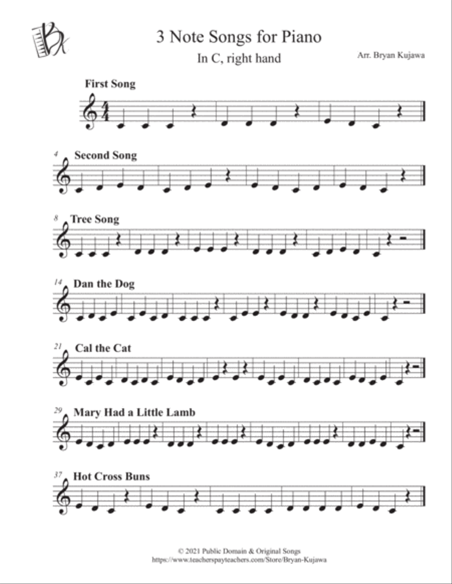 3 Notes Songs for Piano (CDE right hand only) Piano Method scores gallery preview page 1