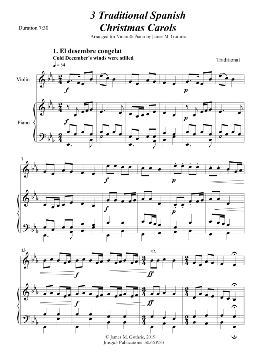 3 Traditional Spanish Christmas Carols for Violin & Piano Violin Solo scores gallery preview page 1