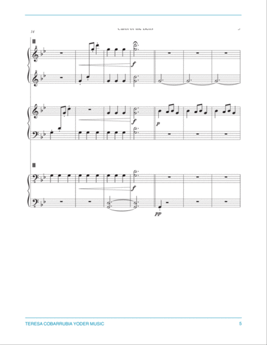 Carol of the Bells, Easy Piano Trio Arrangement (six hands, one piano) by Teresa Cobarrubia Yoder, A A Cappella scores gallery preview page 5