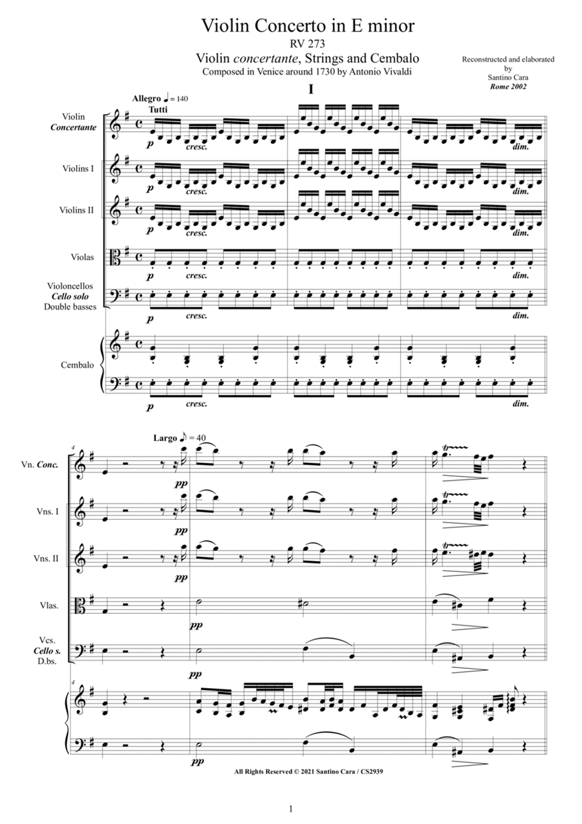 Vivaldi - Violin Concerto in E minor RV 278 for Violin, Strings and Cembalo image number null