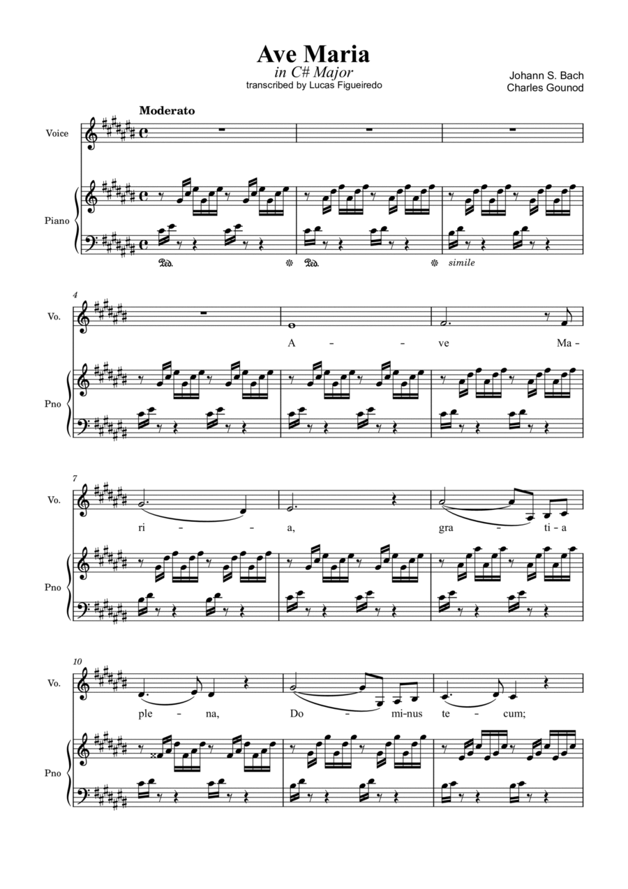 Ave Maria (Bach-Gounod) in C# Major for Piano and Voice Voice scores gallery preview page 1