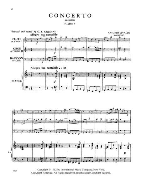 Concerto In G Minor, Rv 103 For Flute, Oboe, Bassoon & Piano Or 2 Violins, Cello & Piano
