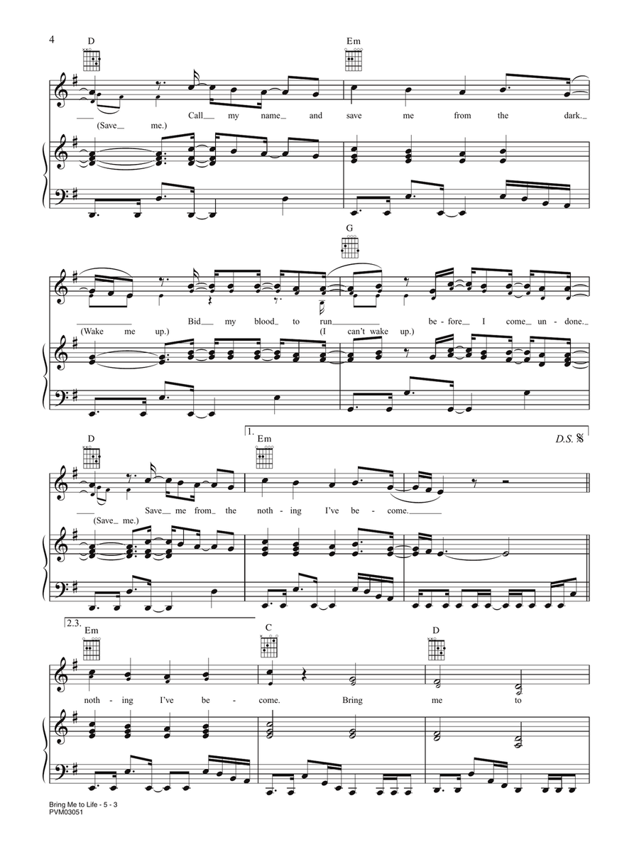 Bring Me to Life Piano, Vocal, Guitar scores gallery preview page 3