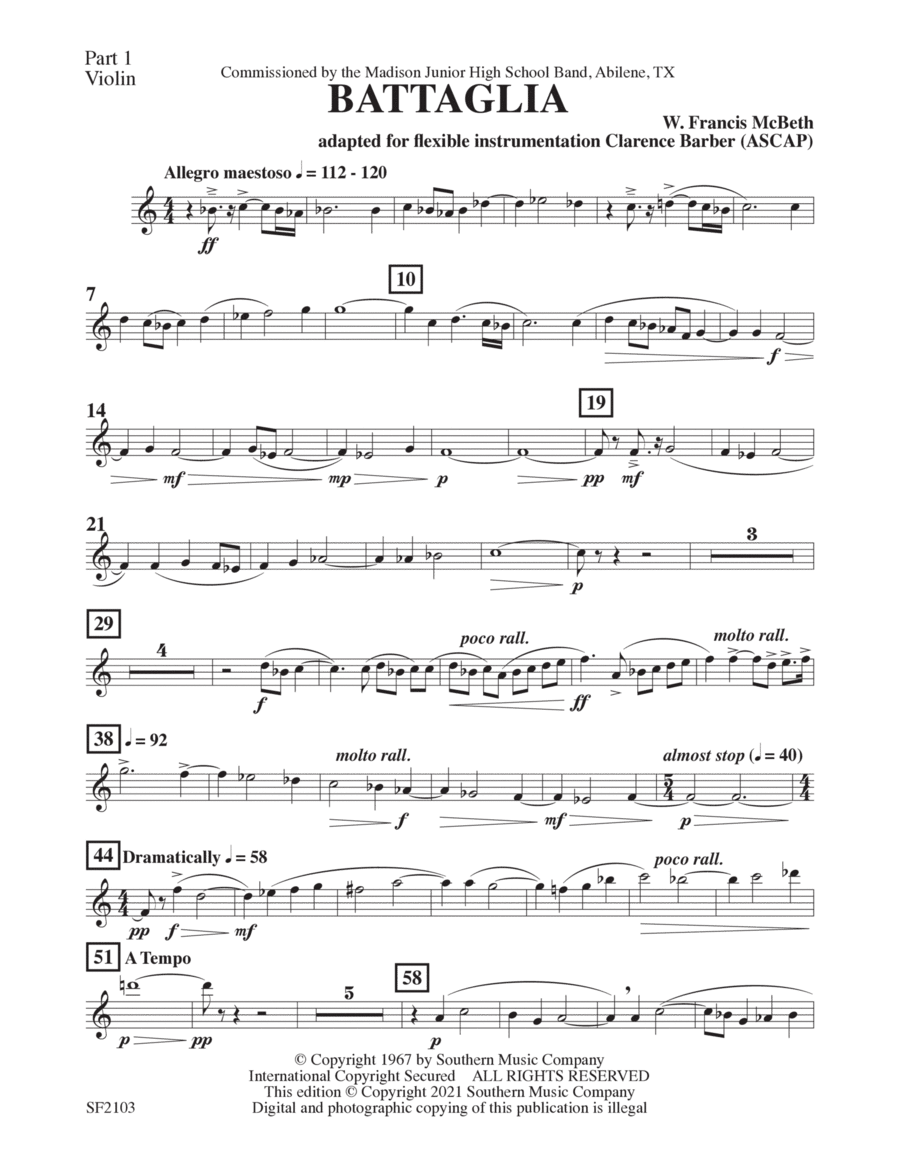Battaglia - Violin 1 Concert Band scores gallery preview page 1