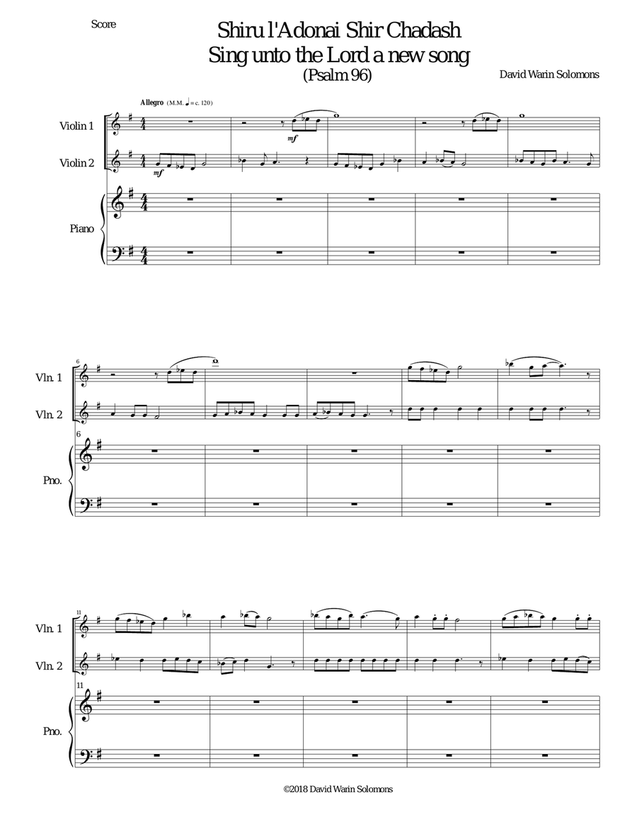 Shiru l'adonai shir chadash - O sing unto the LORD a new song - (Psalm 96) for 2 violins and piano Violin Solo scores gallery preview page 1
