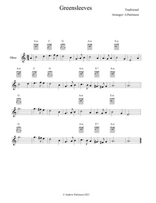 Greensleeves for Easy Oboe with Guitar Chords
