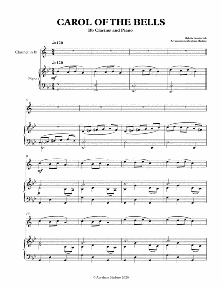 Carol Of The Bells Bb Clarinet with Piano Accompaniment-Score and Parts image number null