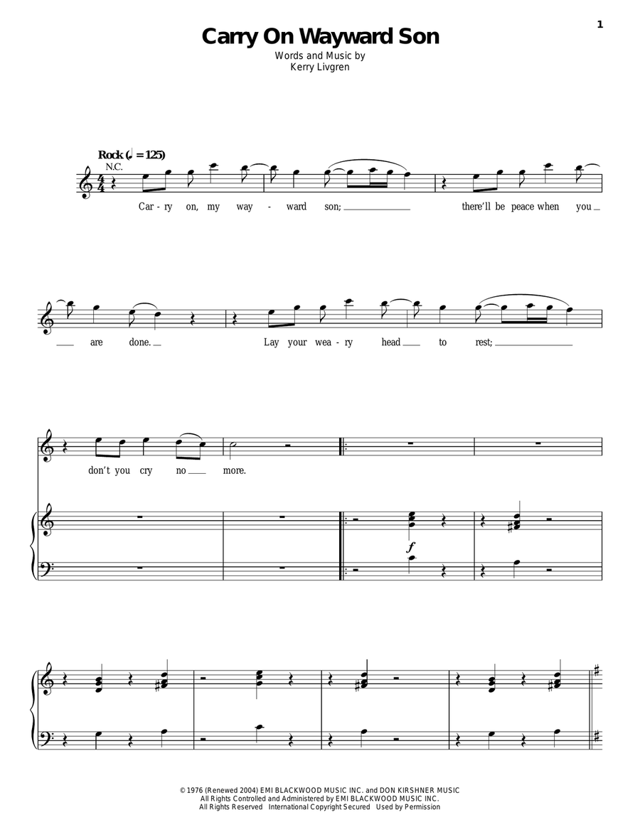 Carry On Wayward Son Piano, Vocal scores gallery preview page 1