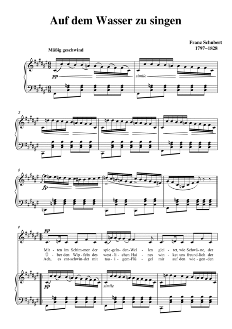 Schubert-Auf dem Wasser zu singen in#F for Vocal and Piano Voice scores gallery preview page 2
