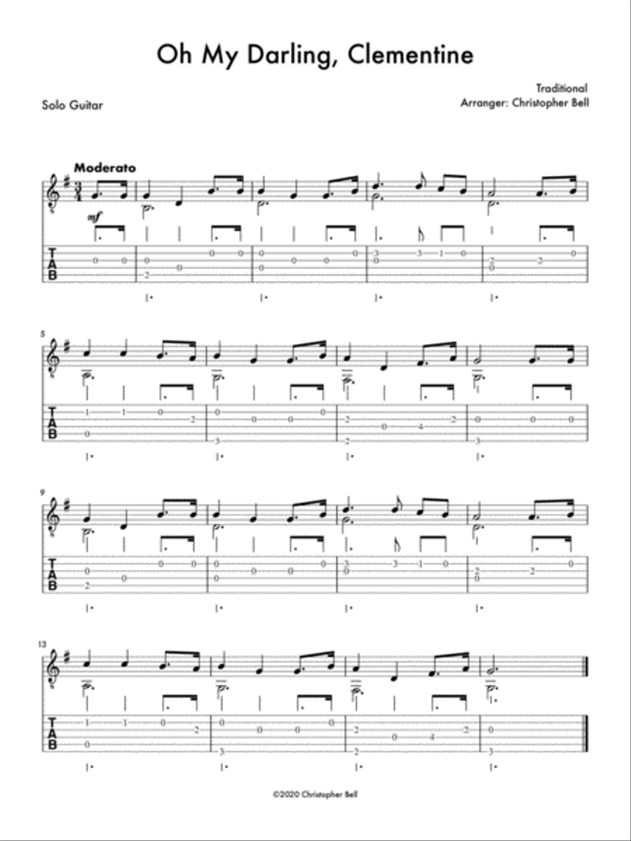 Oh My Darling, Clementine (Easy Solo Guitar) Guitar Tablature scores gallery preview page 1