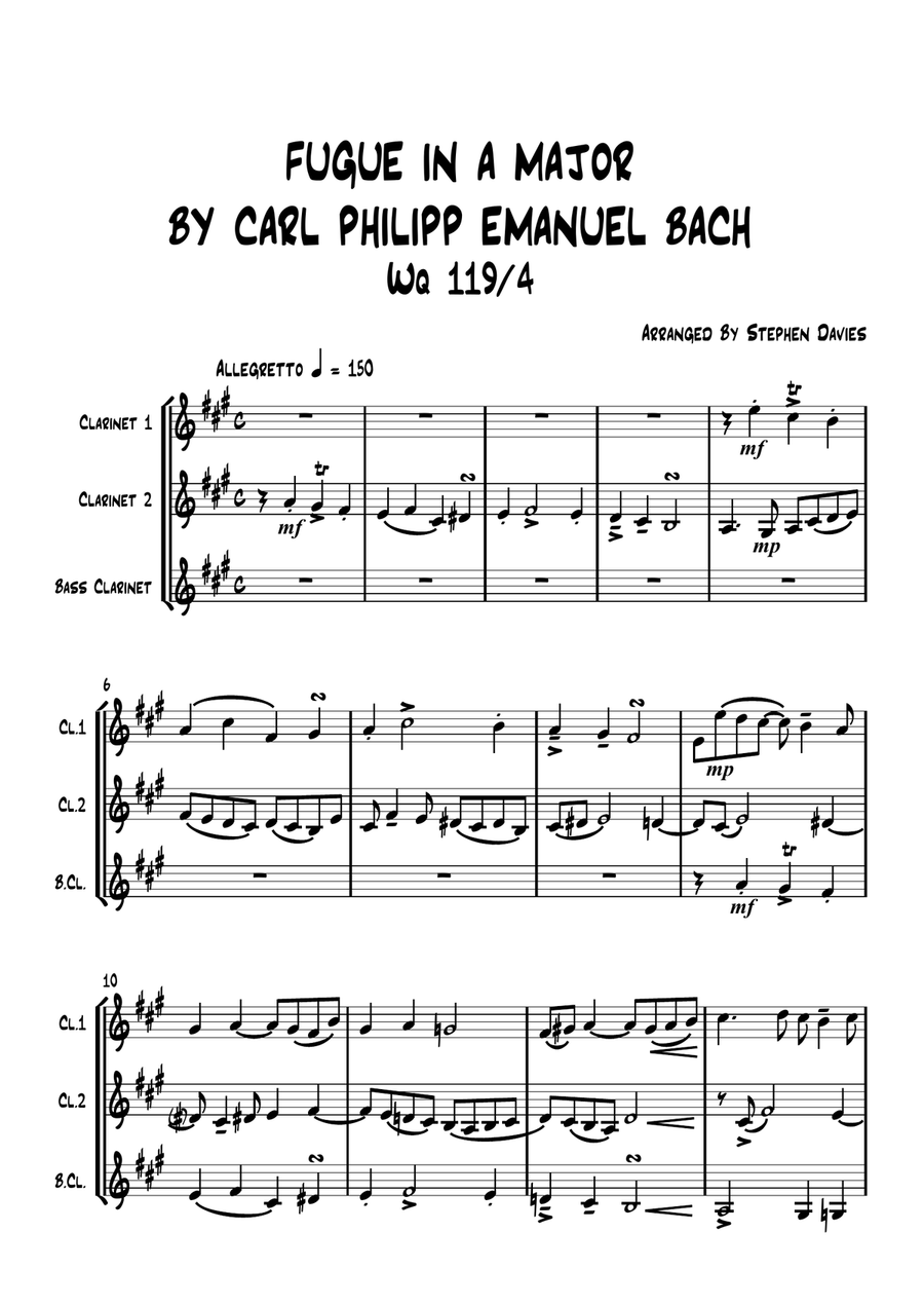'Fugue in A Major' by Carl Philipp Emanuel Bach (Wq 119/4) for Clarinet Trio. Clarinet Trio scores gallery preview page 1