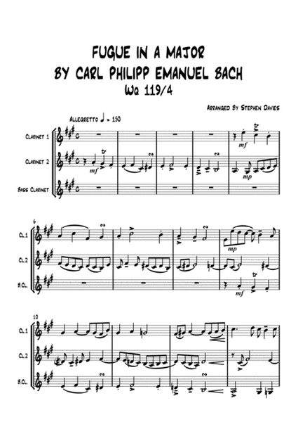 'Fugue in A Major' by Carl Philipp Emanuel Bach (Wq 119/4) for Clarinet Trio. image number null
