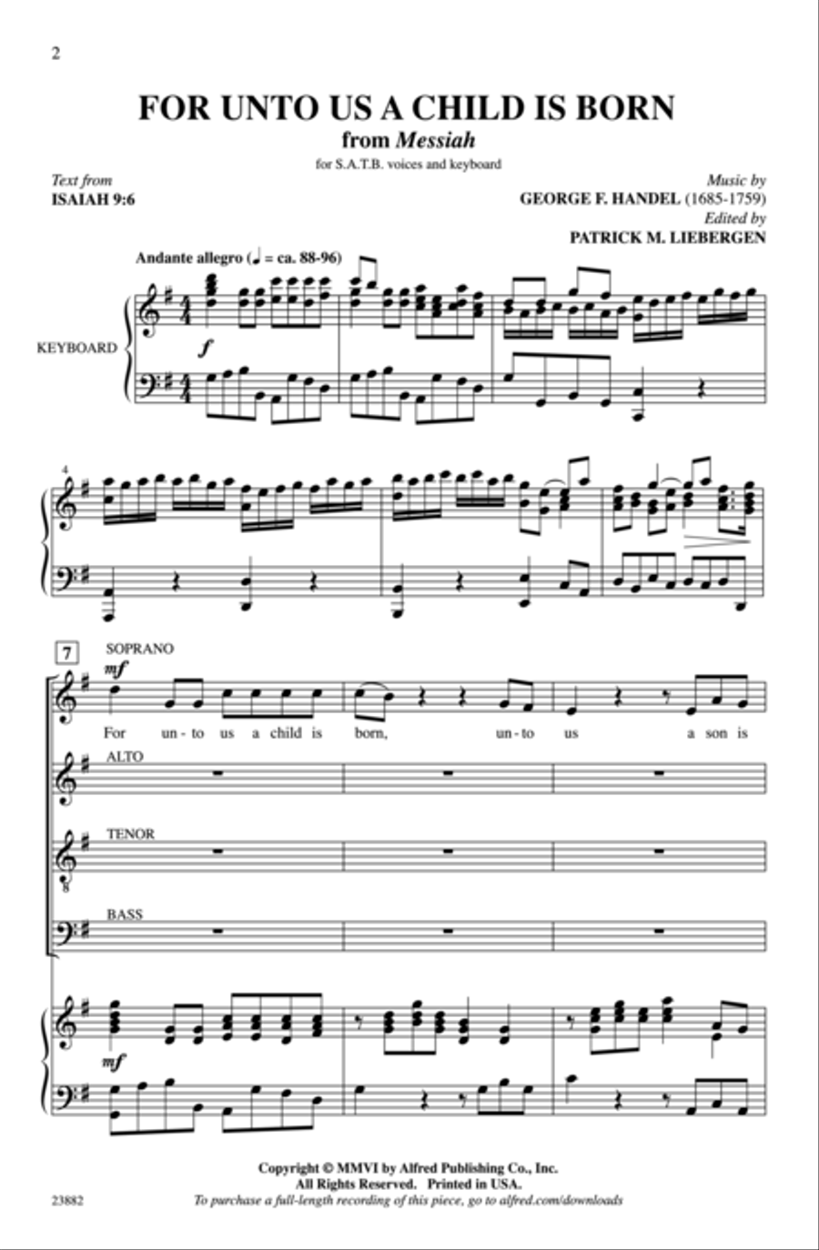 For Unto Us a Child Is Born (from Messiah) 4-Part scores gallery preview page 2