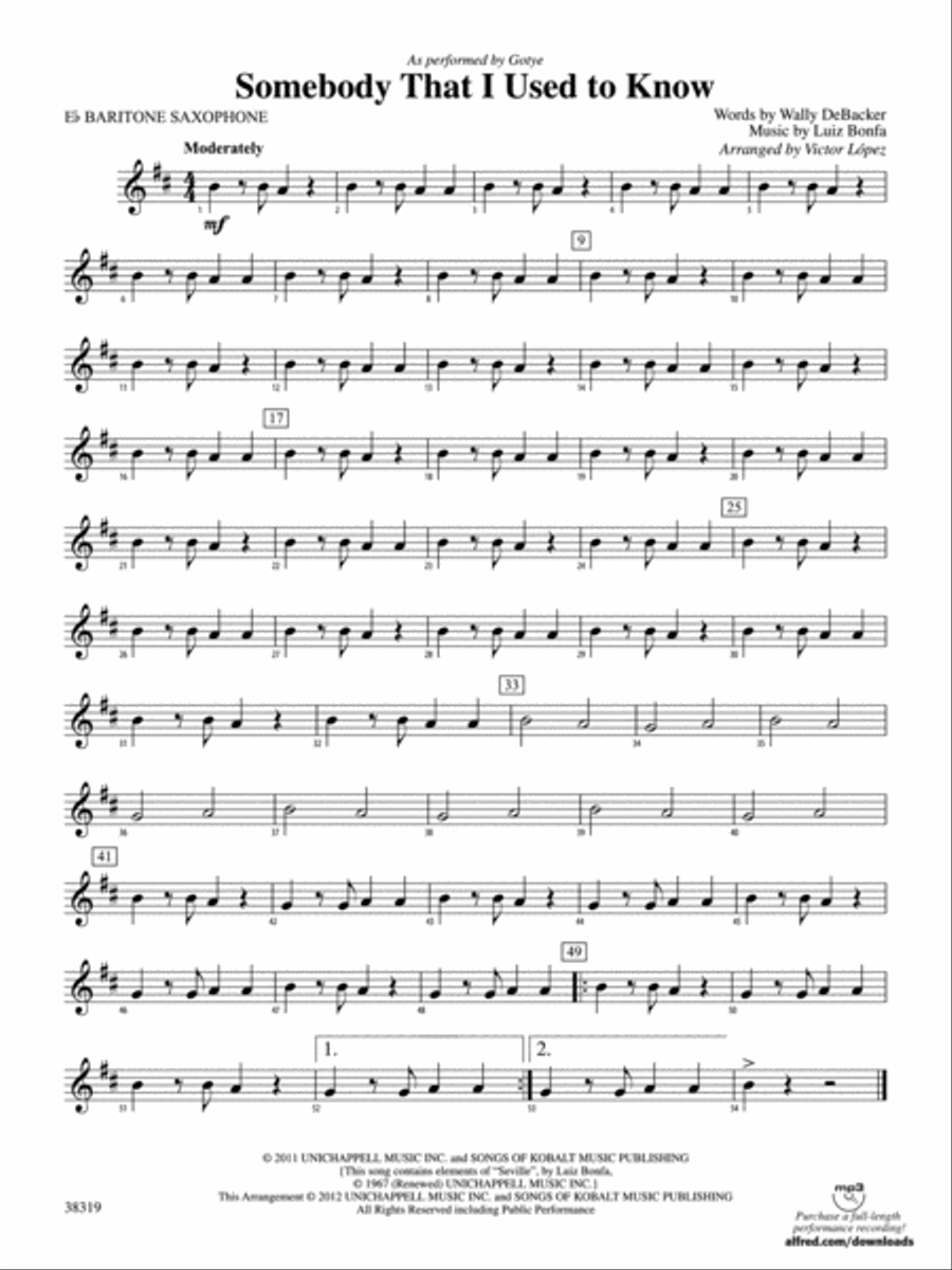 Somebody That I Used to Know: E-flat Baritone Saxophone Concert Band scores gallery preview page 1