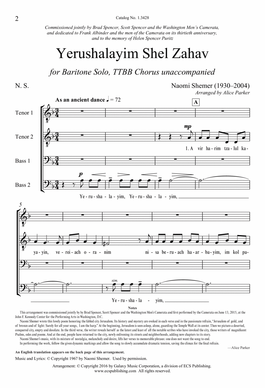 Yerushalayim Shel Zahav: (Jerusalem of Gold) (Downloadable) TTBB scores gallery preview page 1