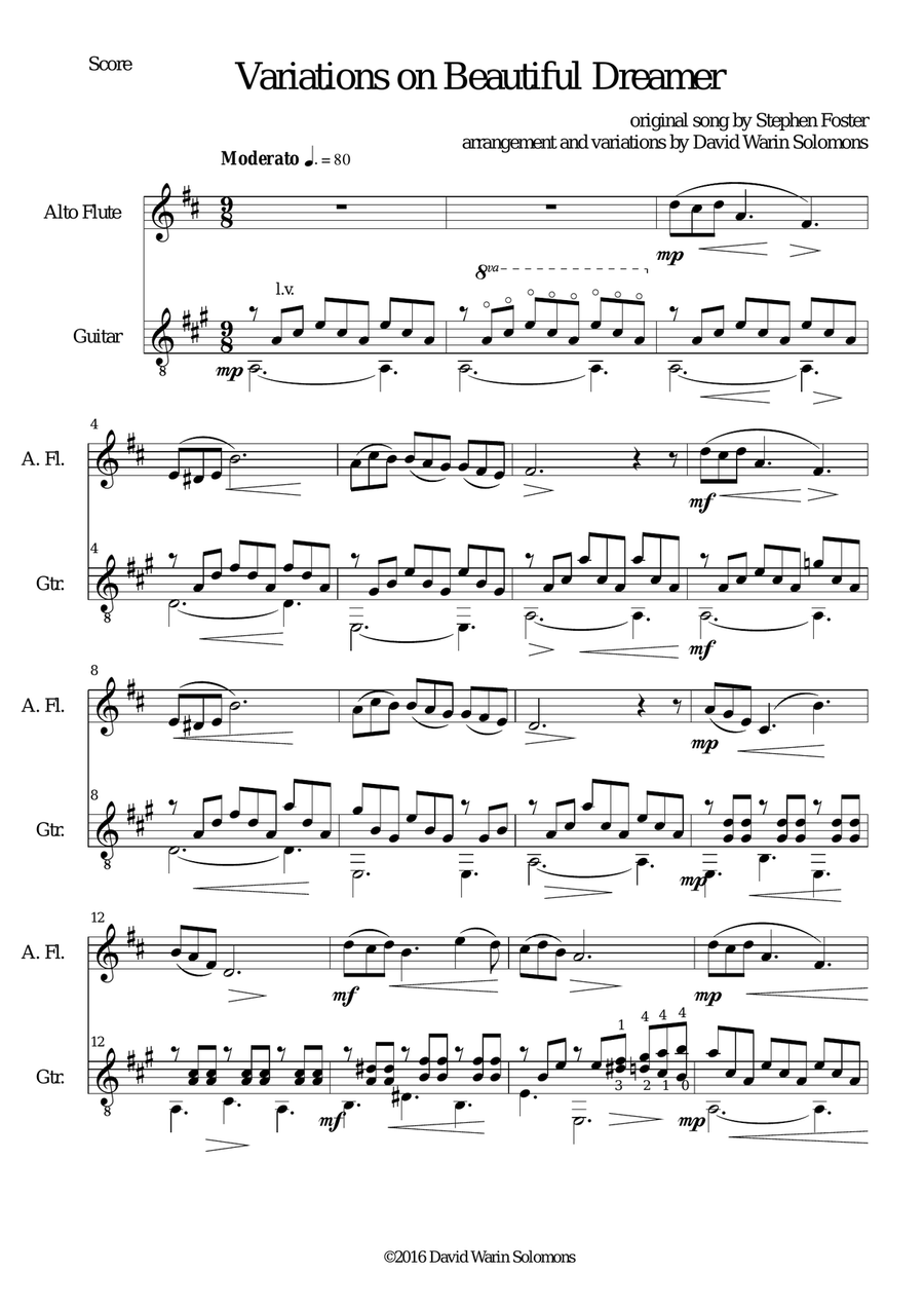 Variations on Beautiful Dreamer for alto flute and guitar Flute scores gallery preview page 1