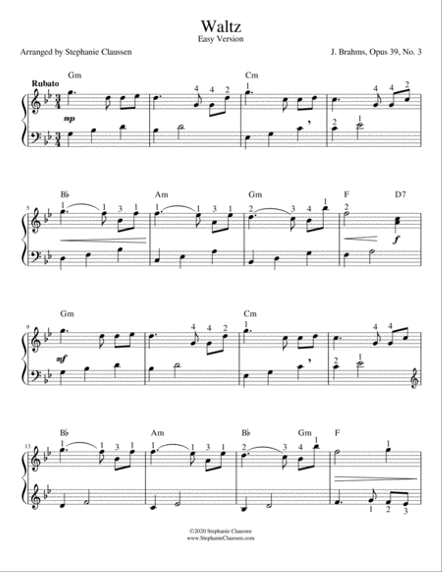 Waltz (Brahms Op 39, No 3.) - (Early Intermediate Lever or Pedal harp) Pedal Harp scores gallery preview page 2