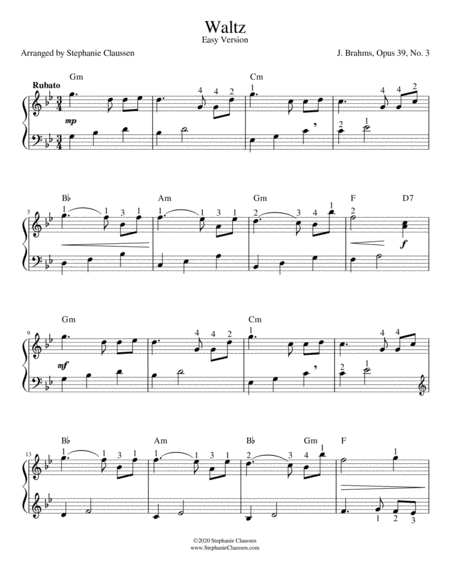 Waltz (Brahms Op 39, No 3.) - (Early Intermediate Lever or Pedal harp)