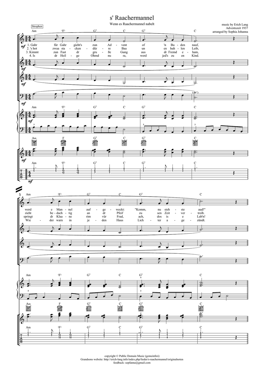s'Raachermannel - German Christmas Choral - 4-stimmiger Gesang + Instrumentalbegleitung + chords 3-Part scores gallery preview page 1