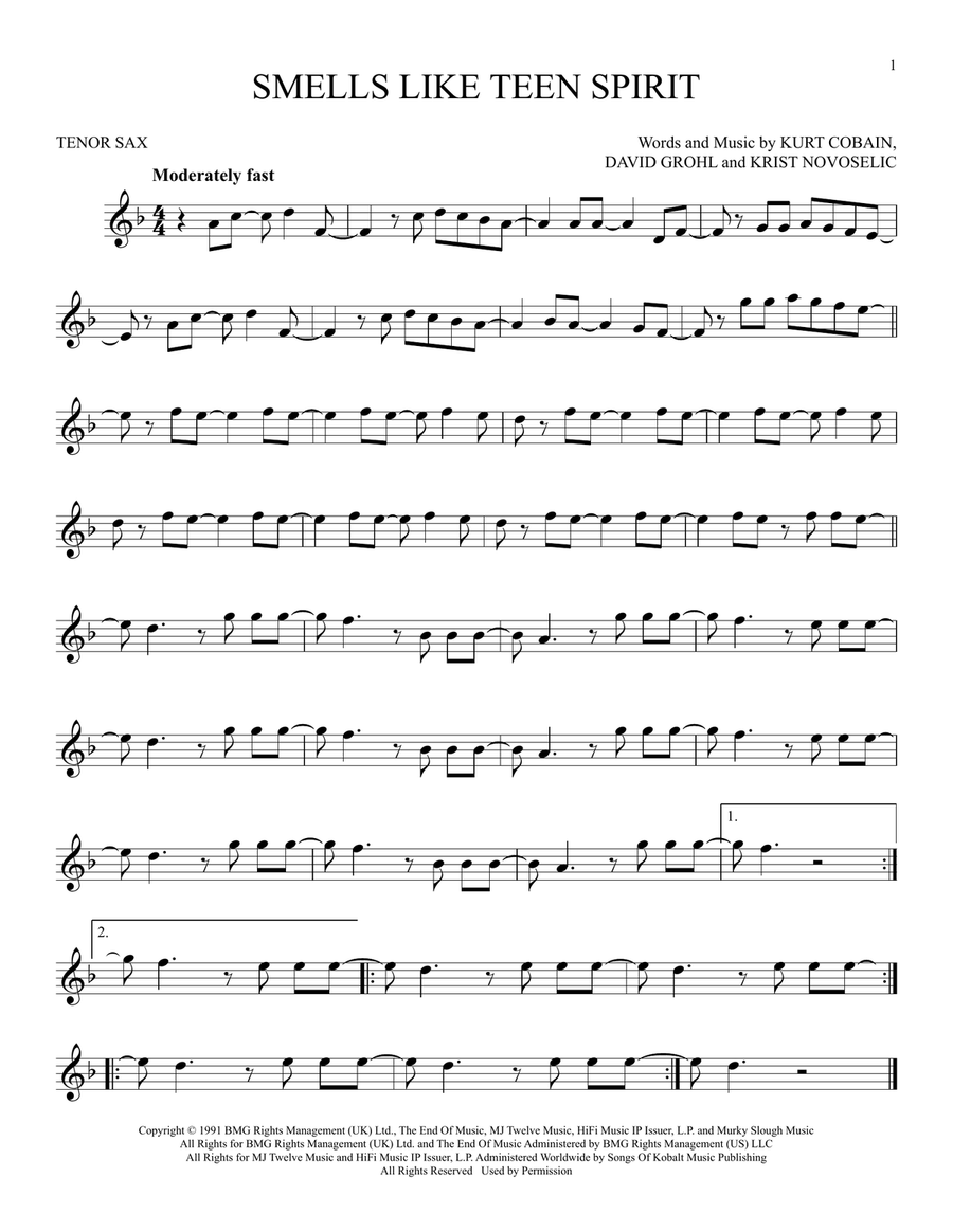 Smells Like Teen Spirit Smells Like Teen Spirit Tenor Saxophone scores gallery preview page 1