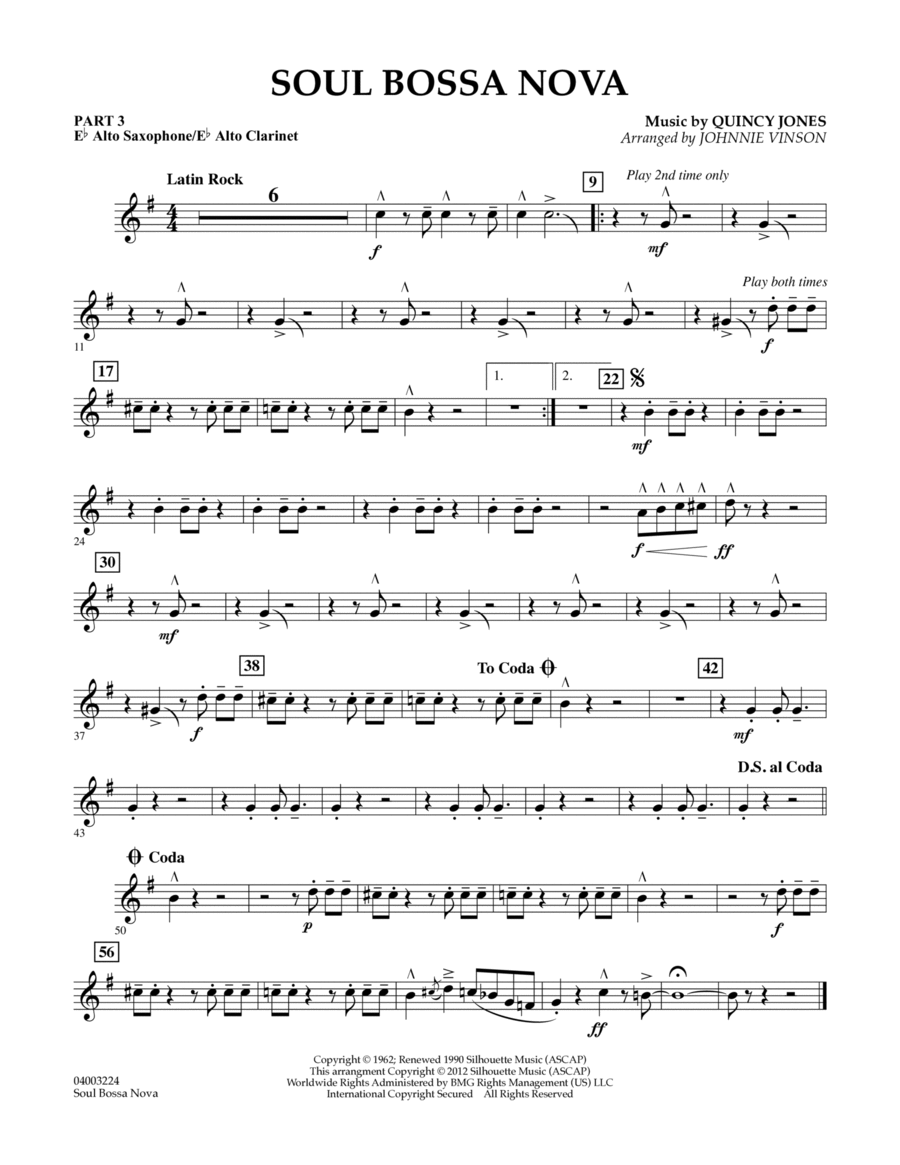 Soul Bossa Nova (arr. Johnnie Vinson) - Pt.3 - Eb Alto Sax/Alto Clar. Concert Band scores gallery preview page 1