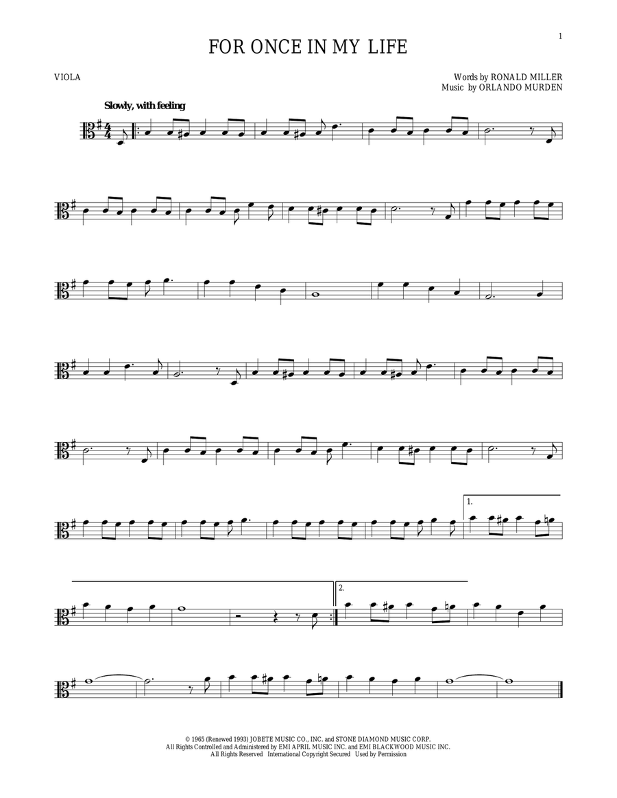 For Once In My Life Viola Solo scores gallery preview page 1