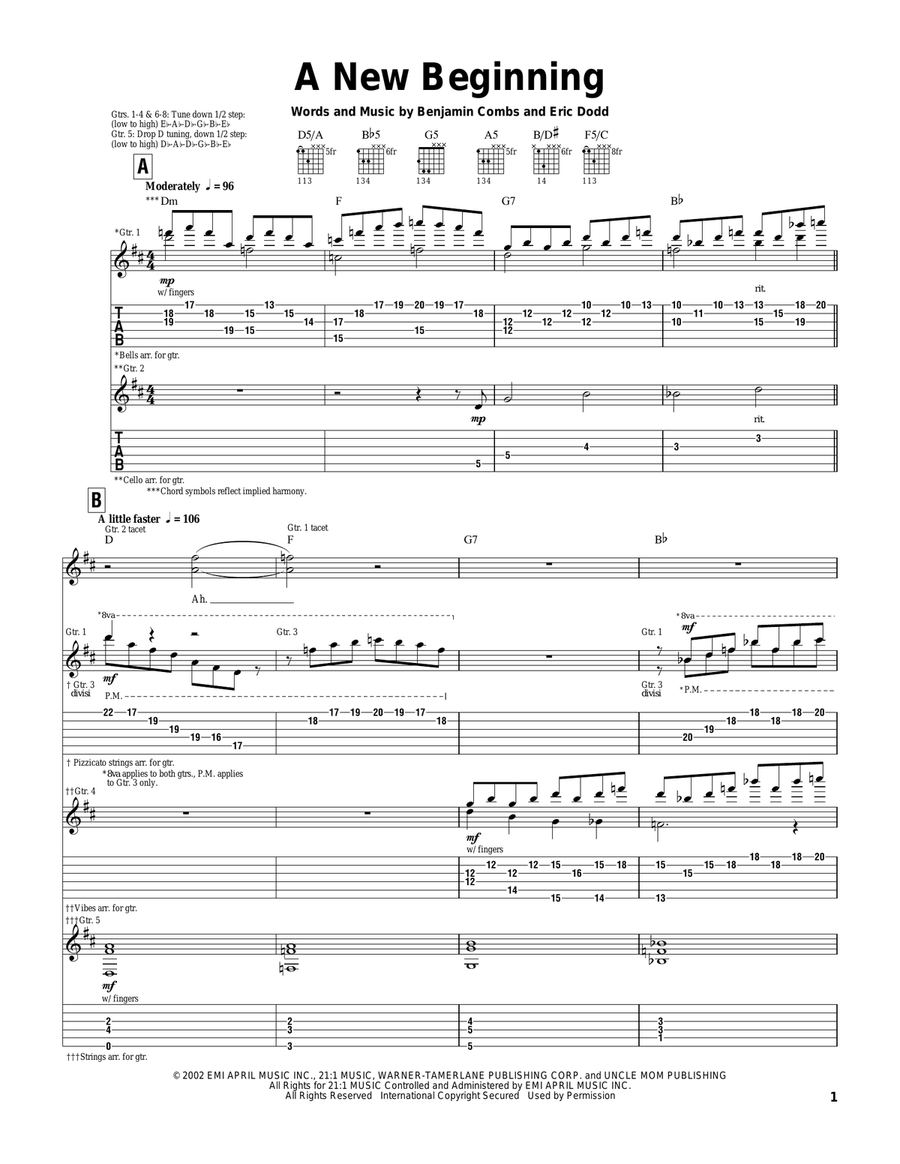 A New Beginning Guitar Tablature scores gallery preview page 1